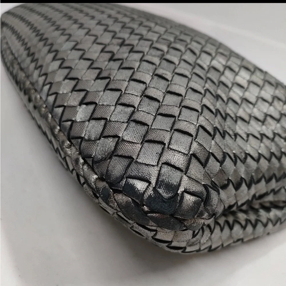 Bottega leather  Veneta Metallic Silver Intrecciato Hobo Bag